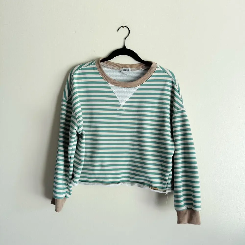 BKE Green + Cream Striped Crop Crewneck Sweatshirt - Large